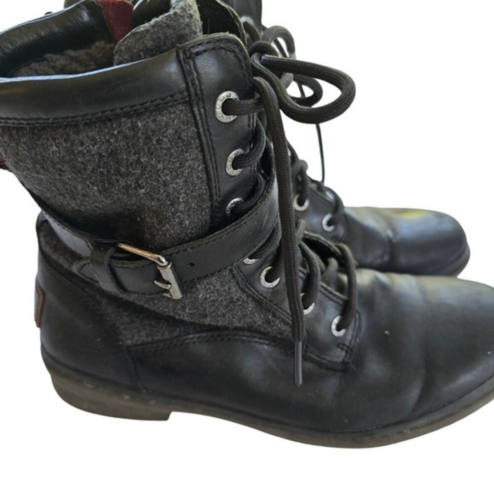 UGG Black Leather & Wool Moto Combat Boots‎ Lace Up Buckle Detail
